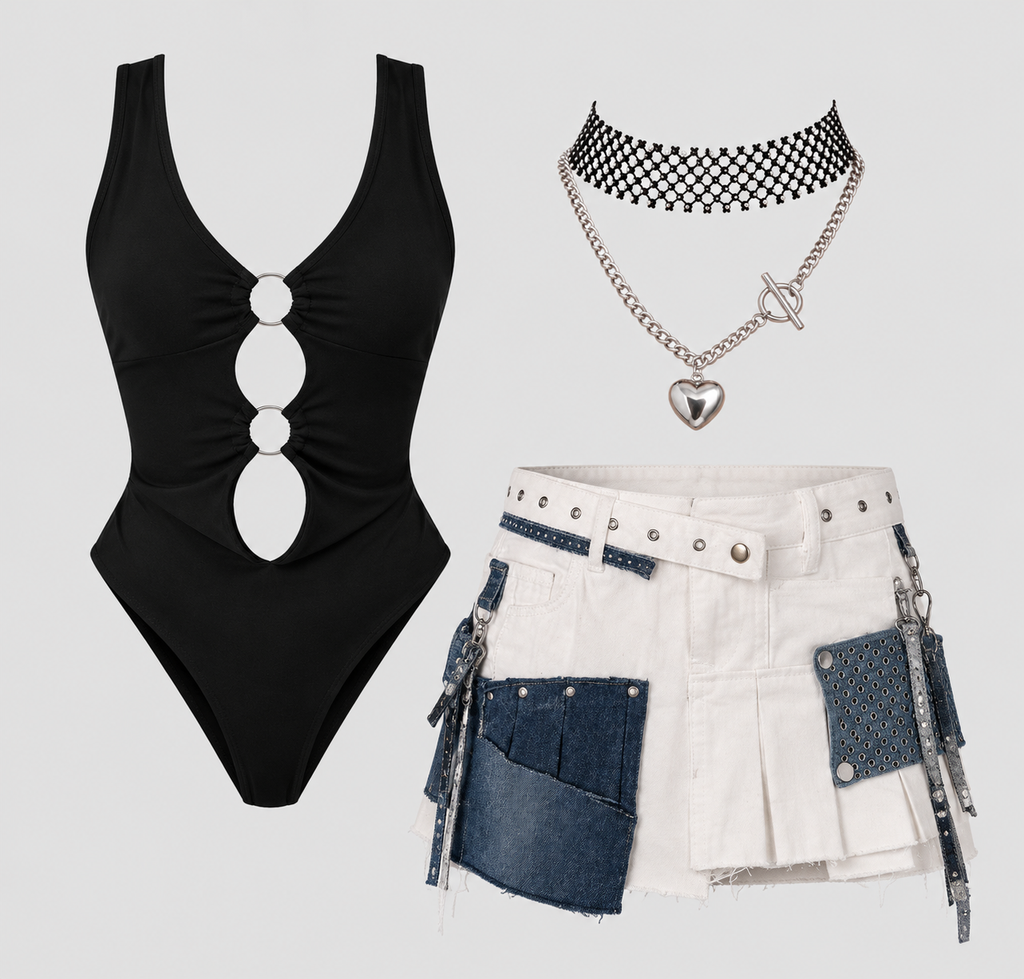 BODY RAVEN + MINI FALDA SNOW + SET COLLARES ÉTER